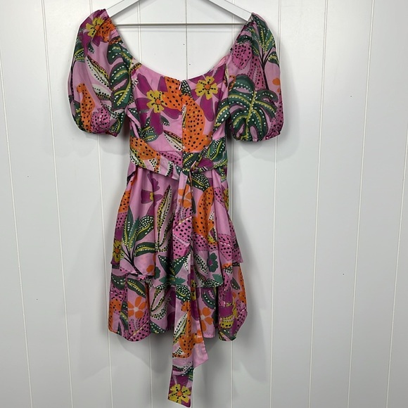 Crystal Sky Womens Mini Dress M Pink Orange Puffy Sleeves Zip Back Tie Sash EUC - Picture 11 of 16